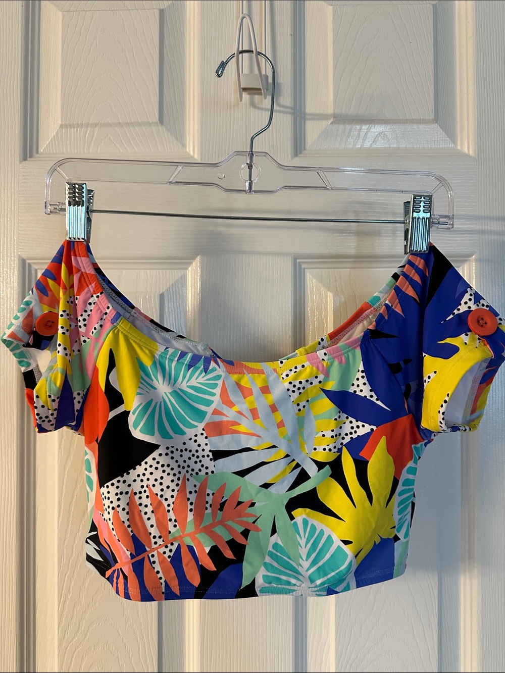Hobie Multicolor Tropical Off-Shoulder Bikini Top - Blue, Yellow, Teal, Coral
